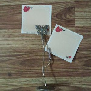 Silver Butterfly Note Holder With Blue Stones Holds 2 Notes 6 1/2" Tall 2" Wide